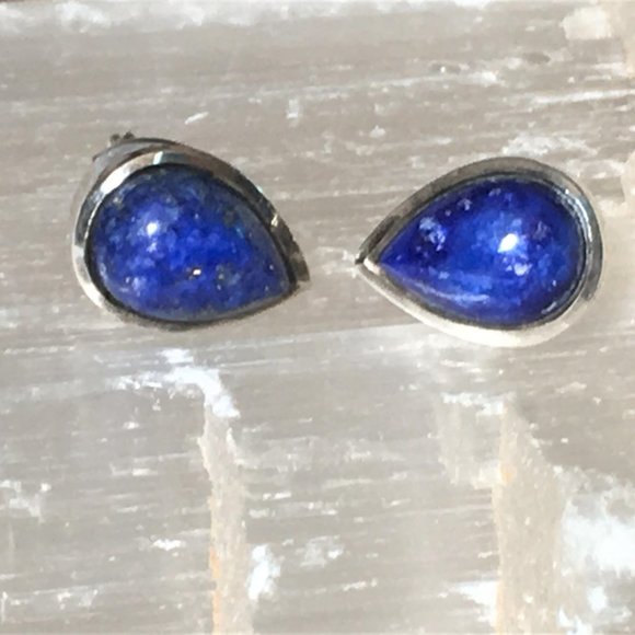 Genuine Lapis Lazuli .925 Stud Earrings Teardrop Pear-Shaped Sterling Silver - Picture 9 of 16